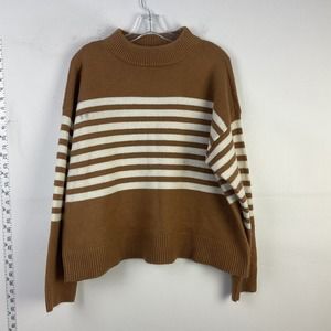 Ann Taylor Brown White Striped Mock Neck Knitted Pullover Sweater Womens XL